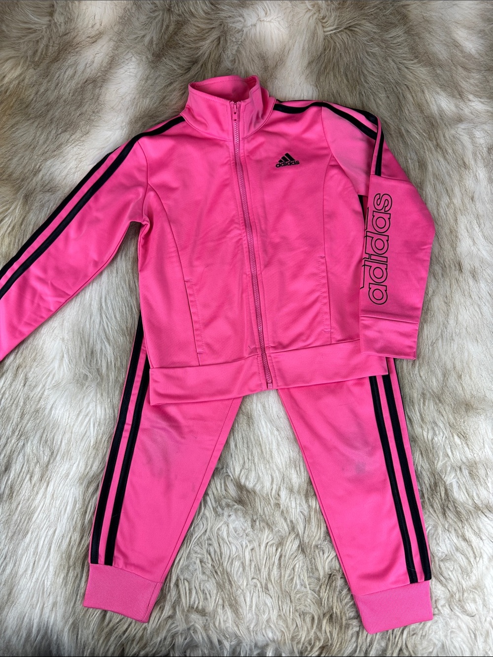 Adidas Girls Hot Pink Black 3 Stripe Tracksuit Set Size 6